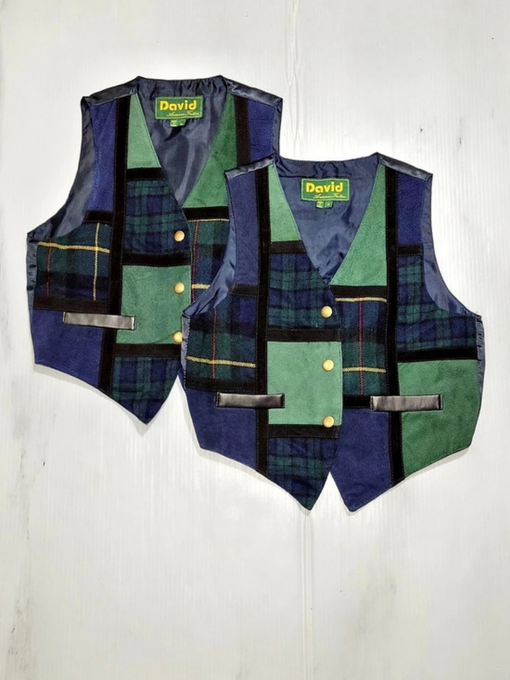 Lot of 2 Vintage David American Fashion Suede Patchwork Plaid Vests Medium 90s